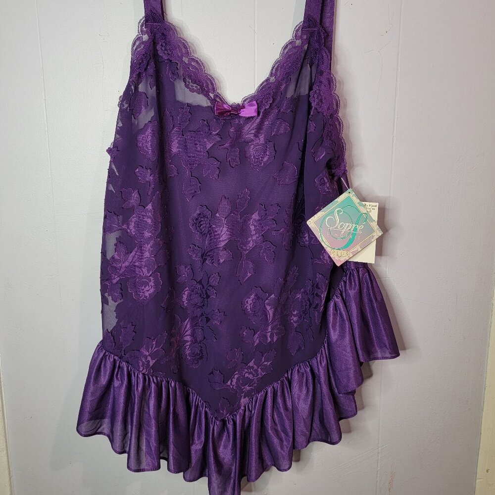 Vintage Sopre Lingerie Plus NWT Deadstock Purple Ruffle Peplum Floral Lace Tank